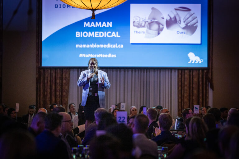 Founder of Maman Biomedical pitching on stage at the 2024 LiONS LAIR Pitch Competition