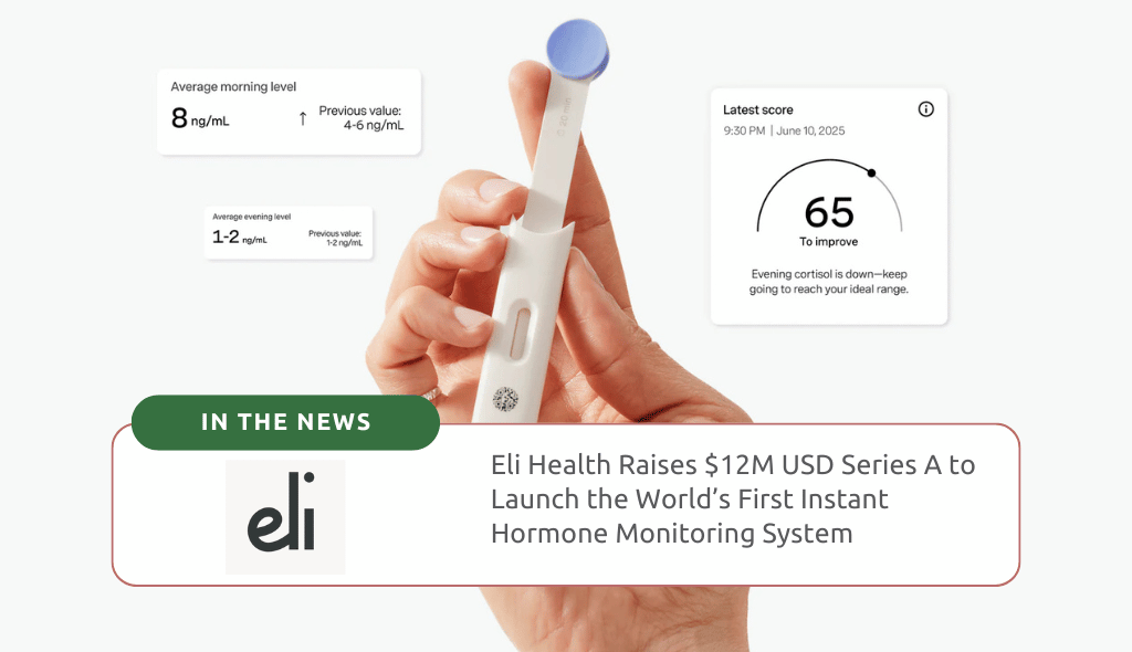 Eli Health Raises $12M USD Series A to Launch the World’s First Instant Hormone Monitoring System. Photo is of a hand holding Eli Health's hormone monitoring prototype