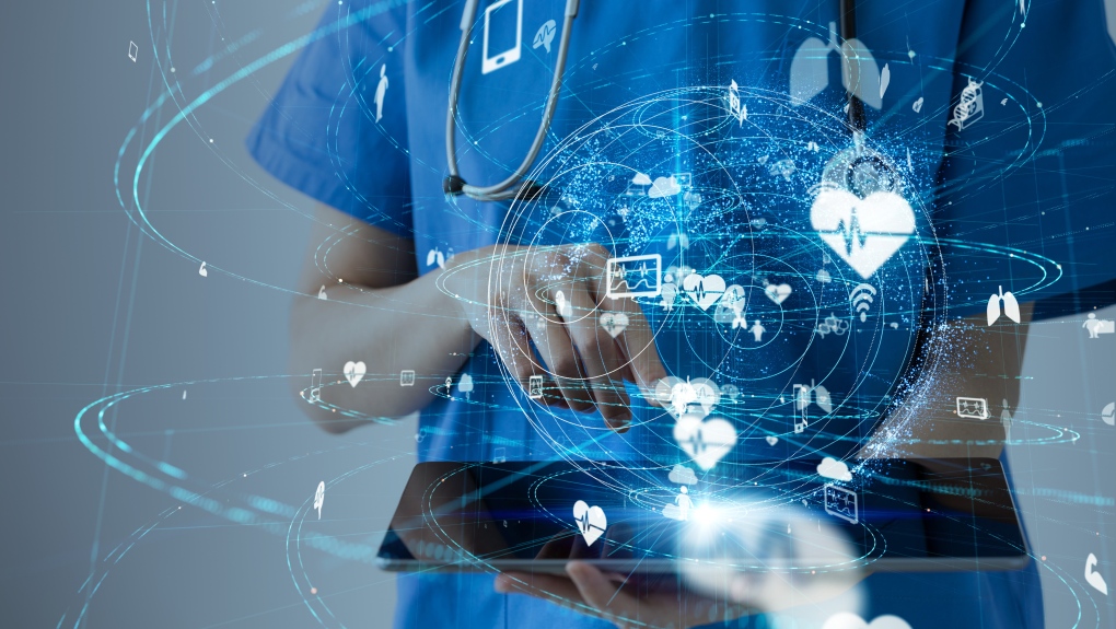 A healthcare professional interacts with a digital tablet surrounded by floating medical icons and a glowing global network, symbolizing digital health technology.