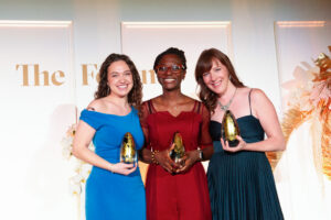 The Odlum Brown Forum Pitch Finale 2025 prize recipients. Pictured left to right: Lianna Genovese, CEO, ImaginAble Solutions; Ibukun Elebute, co-founder & COO, CELLECT Laboratories; Dr. Shari van de Pol, founder & CEO, CATTLEytics. Photo credit: Jamie-Lee Fuoco.